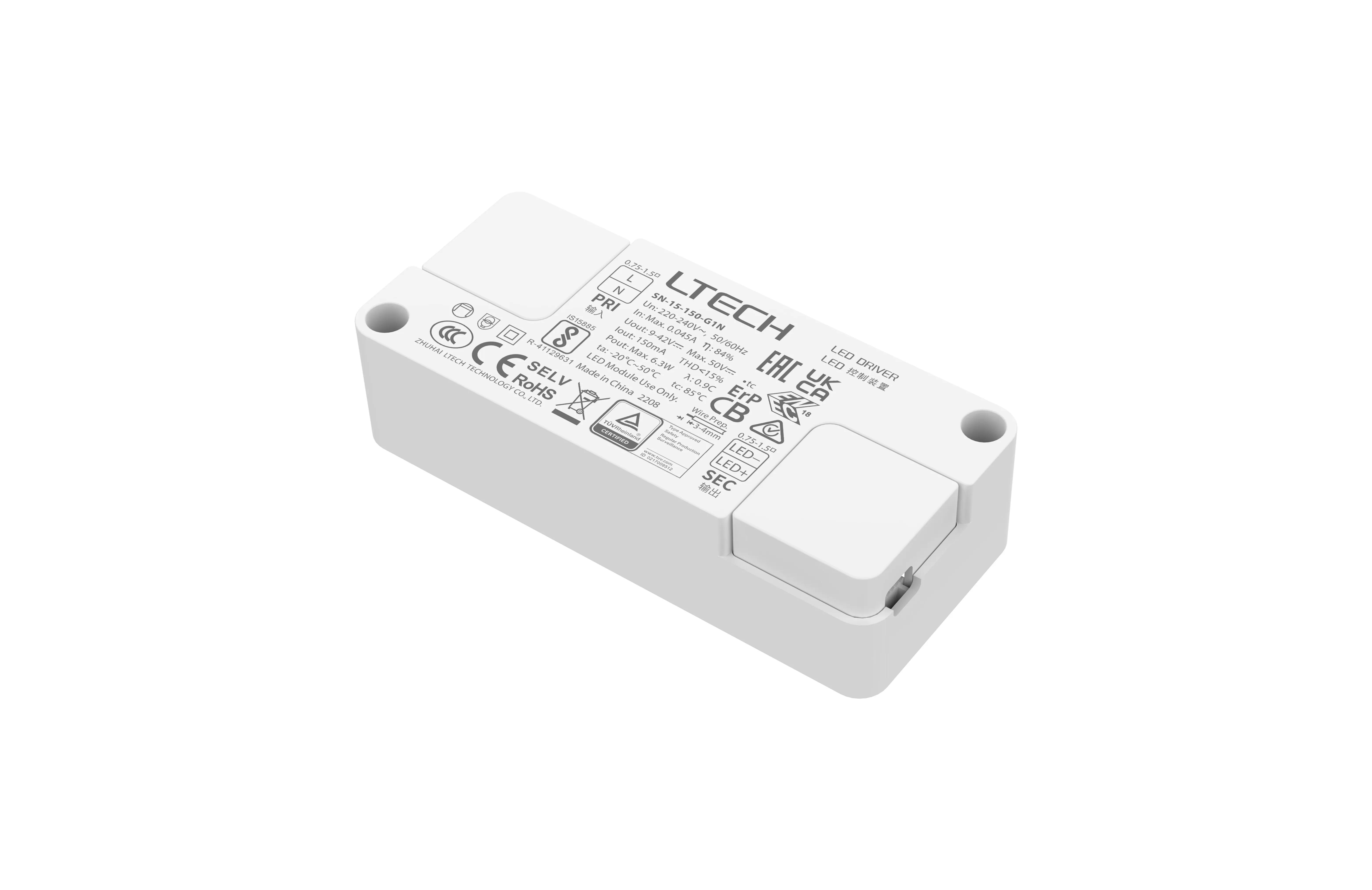 SN-15-150-G1N  Intelligent Constant Current LED Driver, ON/OFF, 15W-350mA ,9-42Vdc , 200-240Vac, Out put Range.3.15W-14.7W, IP20, 5yrs Warrenty.